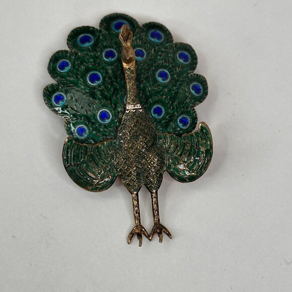 Vintage Peacock Brooch Pin & Earrings Set Sterling Siam Enamel Articulating - Picture 9 of 10